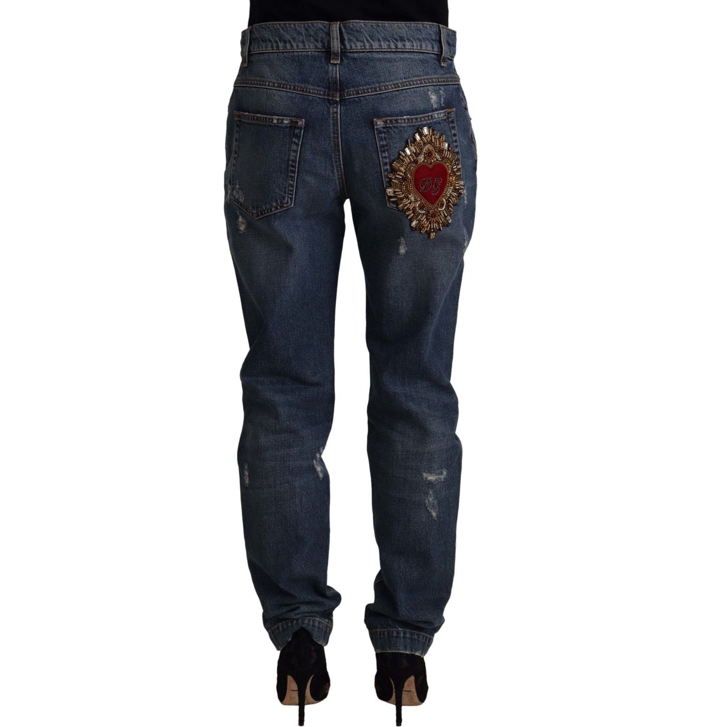 Dolce & Gabbana Blue Denim Baroque Heart Logo Patch Pants Jeans