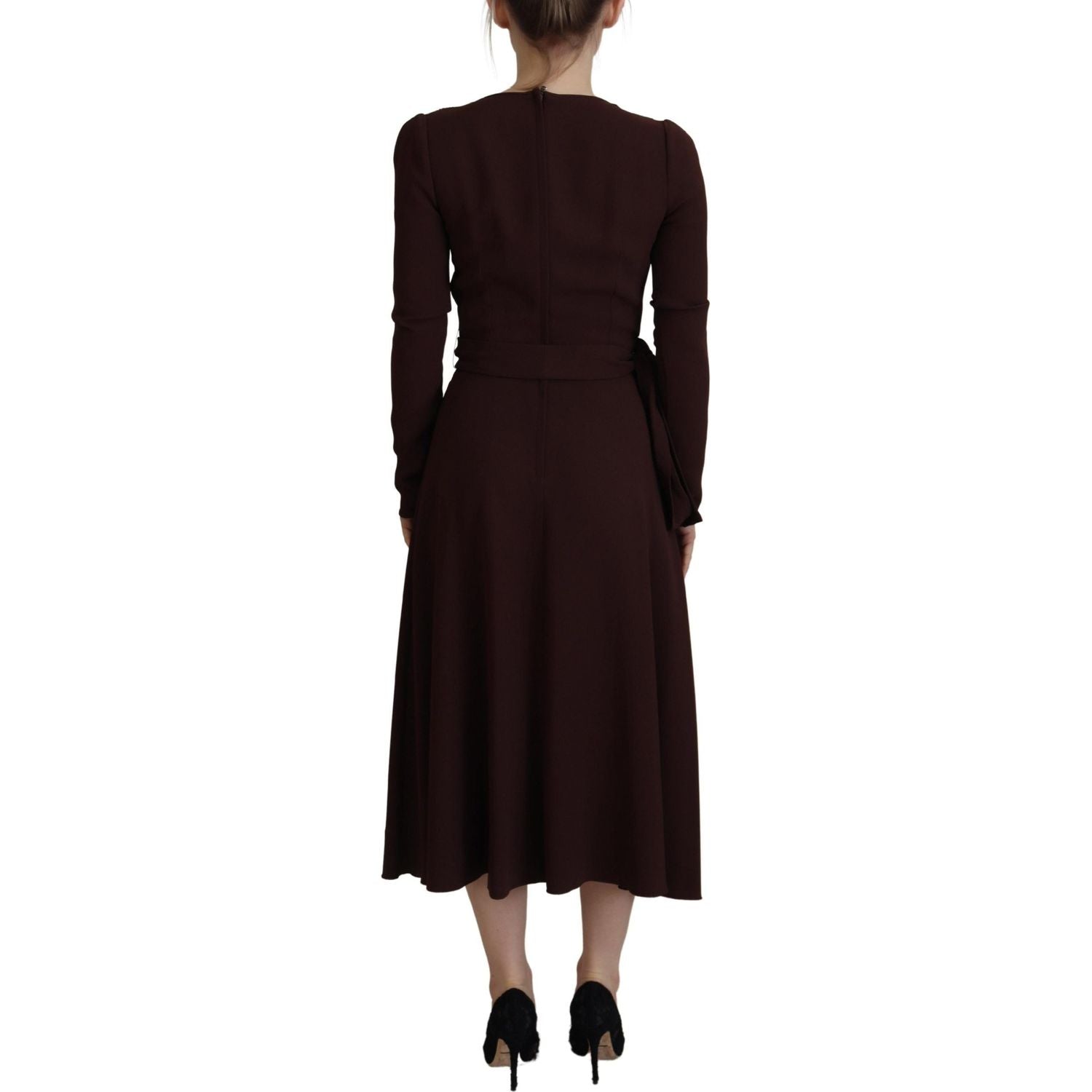 Dolce & Gabbana Brown Wrap Long Sleeve Midi Stretch Dress