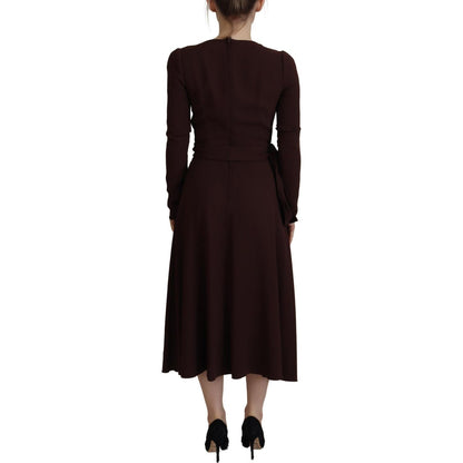 Dolce & Gabbana Brown Wrap Long Sleeve Midi Stretch Dress
