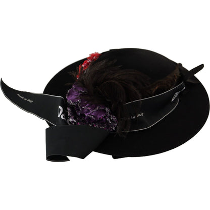 Dolce & Gabbana Black Lapil Crystal Heart Feather Brooch Fedora Hat