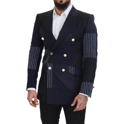 Dolce & Gabbana Blue Wool Patchwork Double Breasted Blazer