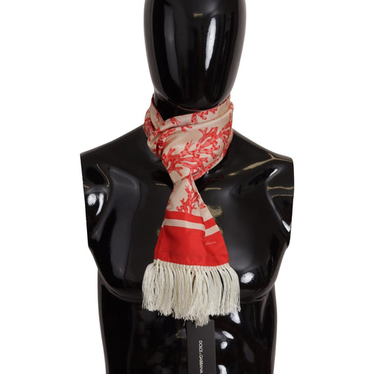 Dolce & Gabbana White Red Coral Print Shawl Wrap Fringe Scarf