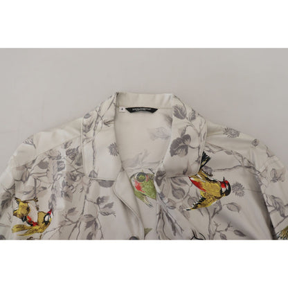 Dolce & Gabbana White Bird Print Silk Satin Casual Shirt