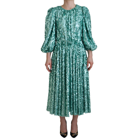 Dolce & Gabbana Blue Sequined Pleated Aline Midi Nylon Dress DR28791 - 40