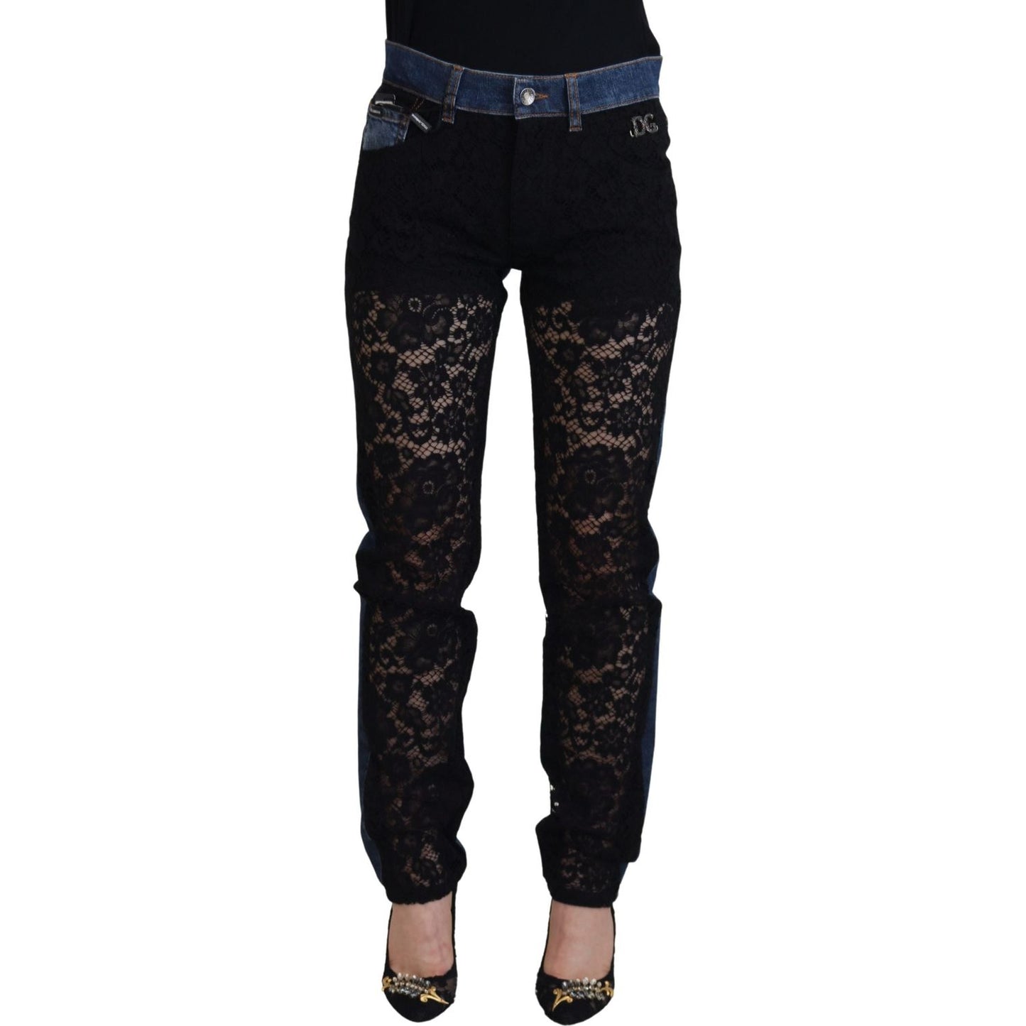 Dolce & Gabbana Black Floral Lace Front Skinny Denim Jeans Jeans & Pants