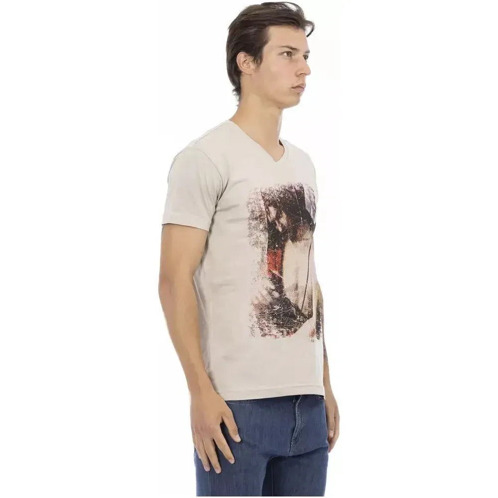 Trussardi Action Beige Cotton Men V-neck T-shirt