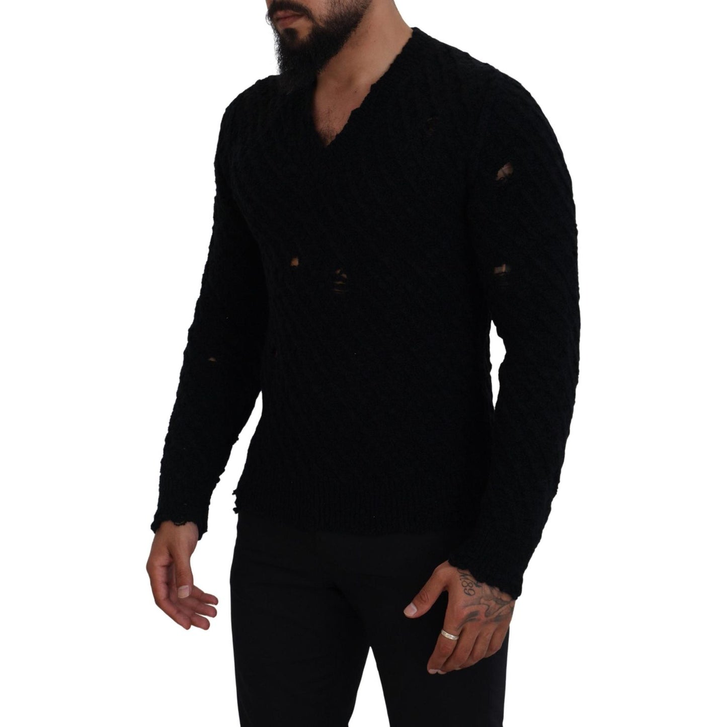 Dolce & Gabbana Black Wool V-neck Knitted Pullover Sweater TSH83648-44