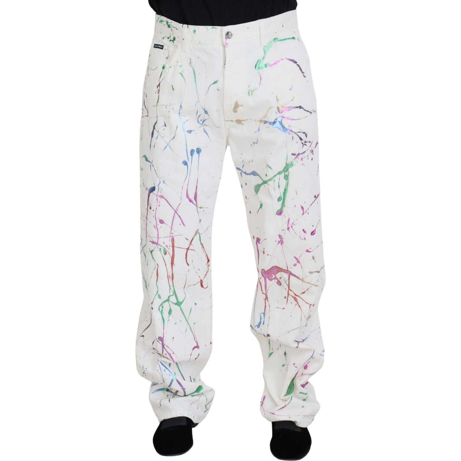 Dolce & Gabbana White Cotton Color Splash Print Denim Pants