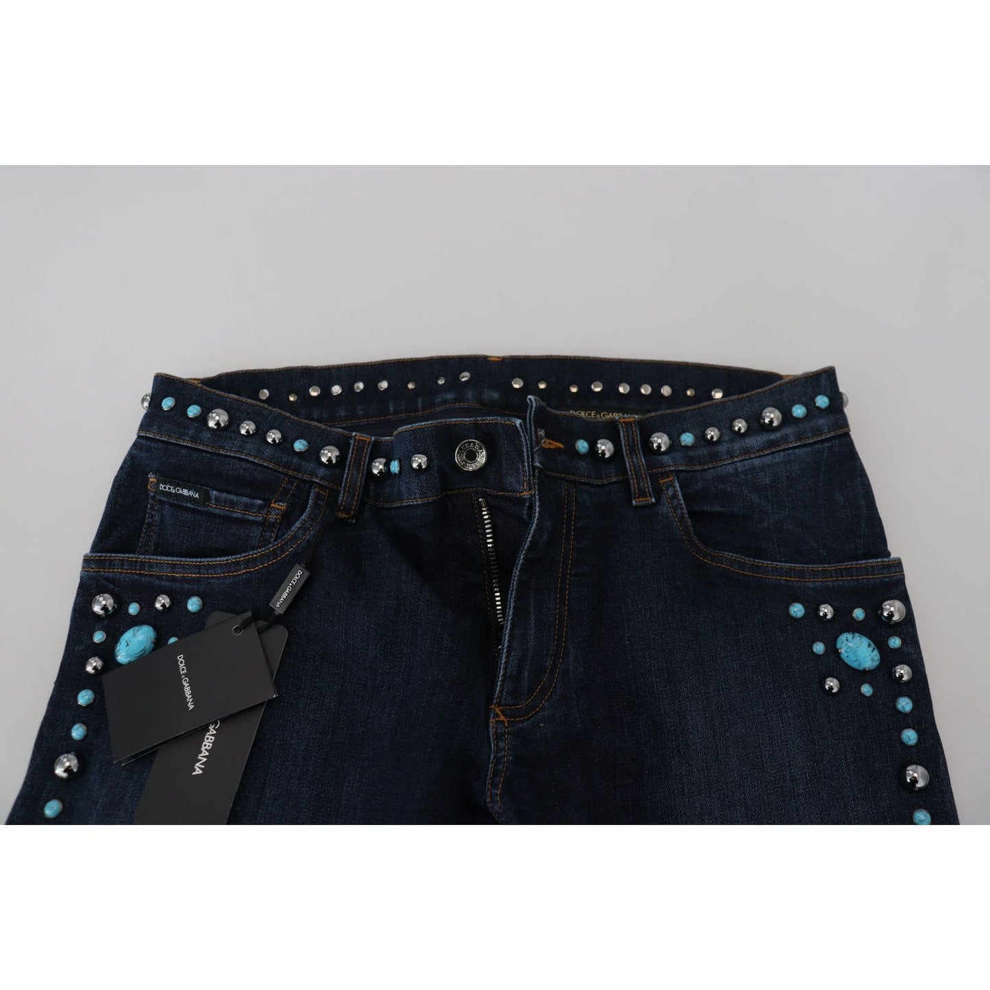 Dolce & Gabbana Blue Cotton Studded Low Waist Denim Jeans PAN73315 - 48