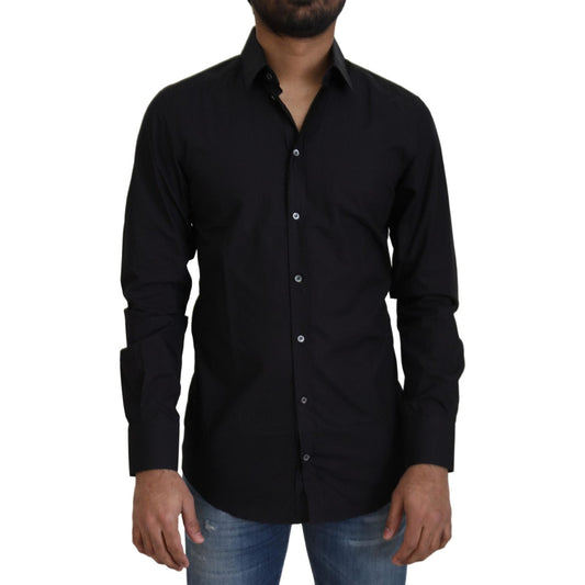 Dolce & Gabbana Black Cotton Slim Fit Formal Dress GOLD Shirt TSH82930 - 38