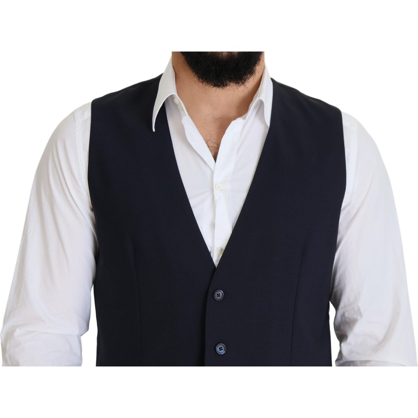 Dolce & Gabbana Dark Blue Wool Stretch Waistcoat Formal Vest