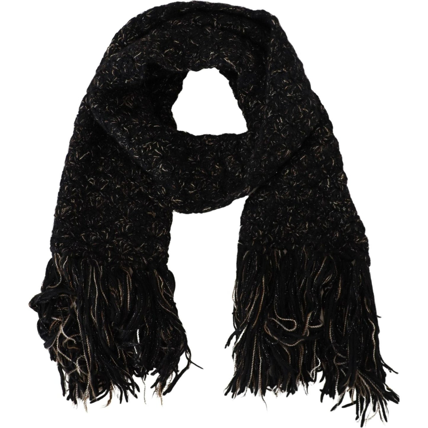 Dolce & Gabbana Black Wool Knitted Wrap Foulard Fringe Scarf MS6829