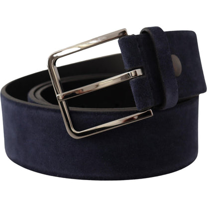 Dolce & Gabbana Navy Blue Velvet Leather Silver Logo Buckle Belt