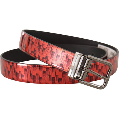 Dolce & Gabbana Red Herringbone Leather Gray Tone Buckle Belt
