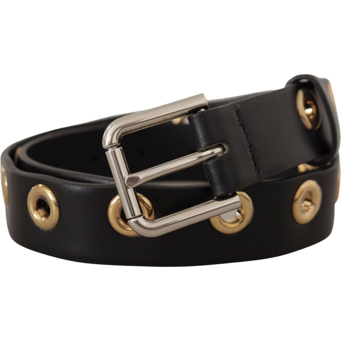 Dolce & Gabbana Black Leather Eyelet Silver Tone Metal Buckle Belt