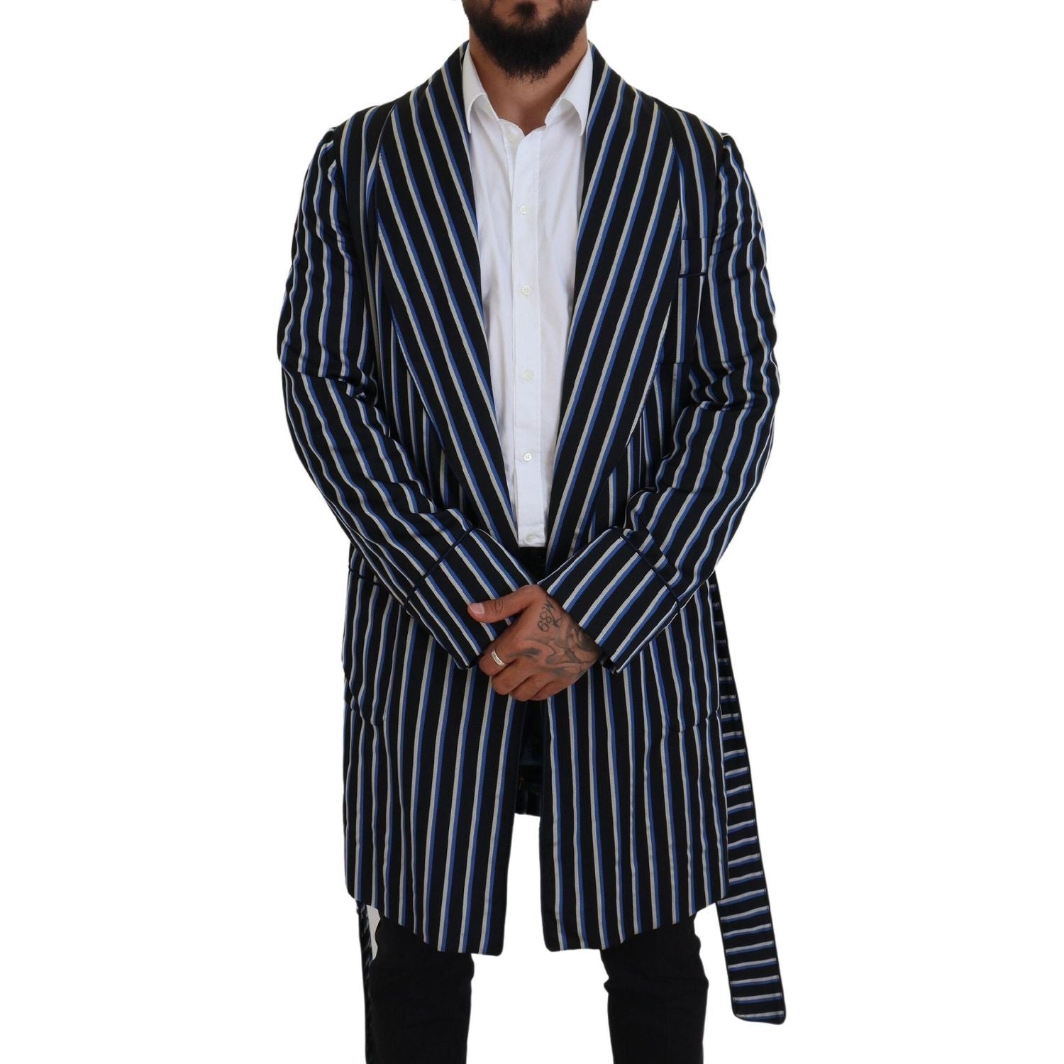 优雅条纹真丝混纺长袍