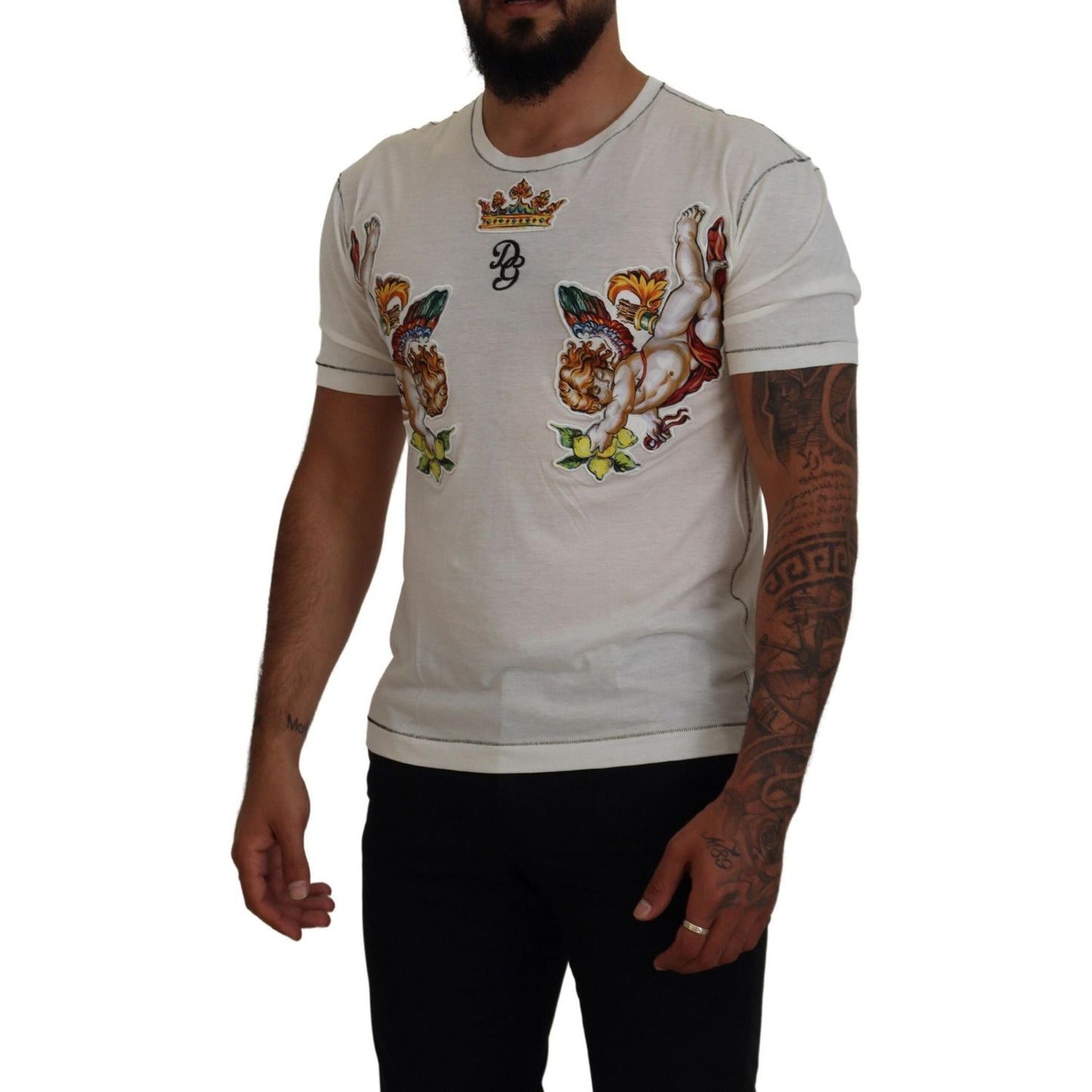 Dolce & Gabbana White Printed Short Sleeves Men T-shirt