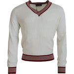 Dolce & Gabbana White Red Knitted V-neck Pullover Sweater TSH83751-46