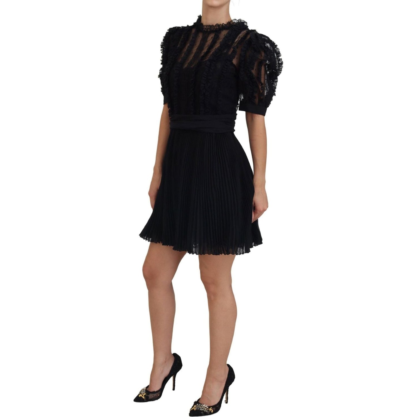 Dolce & Gabbana Black Lace Trim A-line Mini Nylon Dress