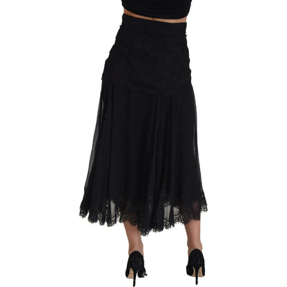 Dolce & Gabbana Black Silk Lace Trim High Waist Midi Skirt