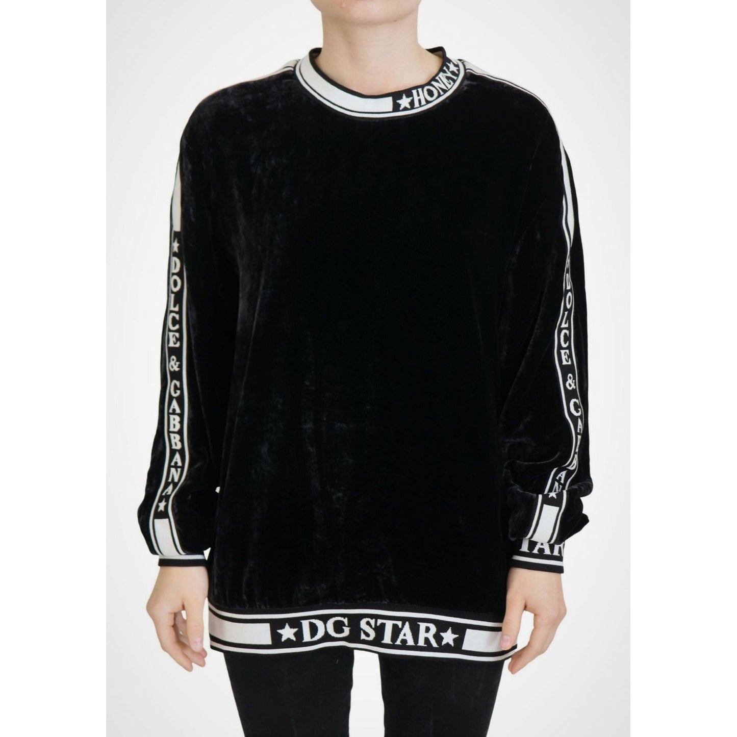 Dolce & Gabbana Black Velvet Crewneck Pullover Sweater