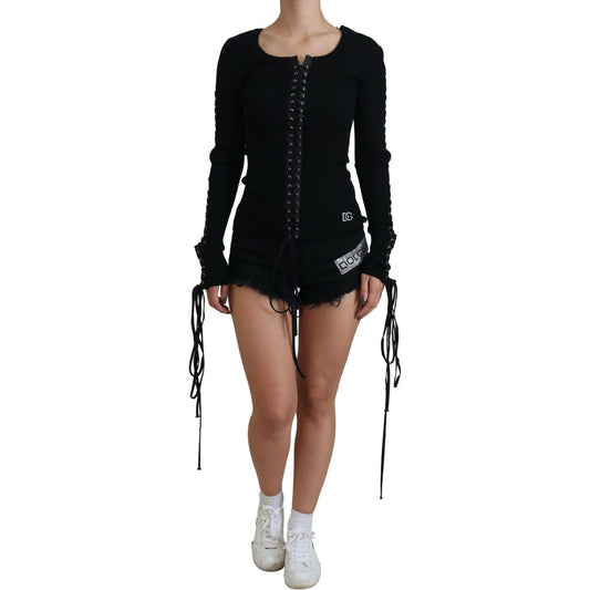 Dolce & Gabbana Black Wool Knitted Tie Up Slim Fit Sweater