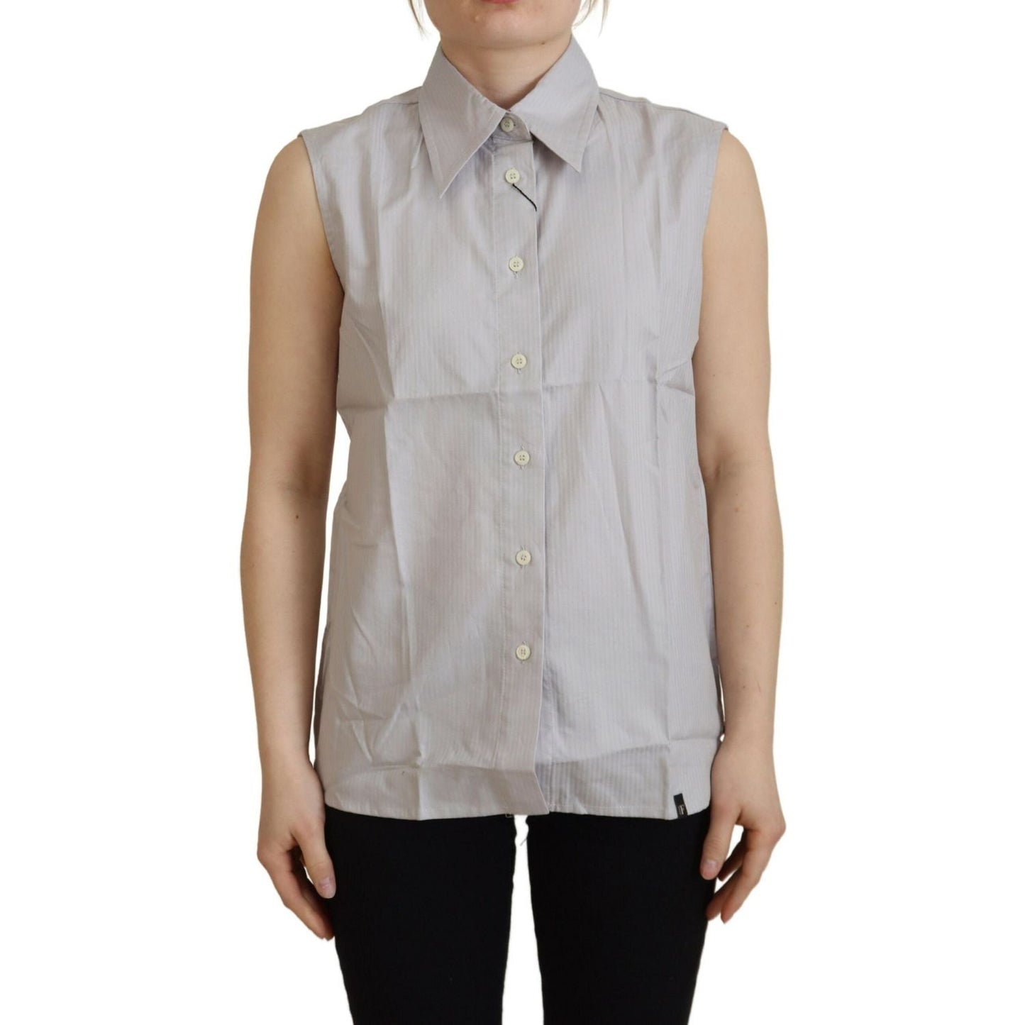 Ferre Light Gray Stripes Cotton Sleeveless Collared Top
