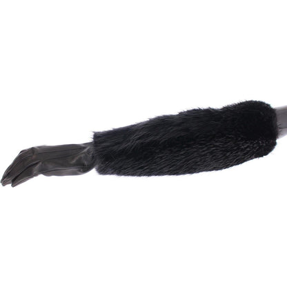 Dolce & Gabbana Black Beaver Fur Lambskin Leather Elbow Gloves