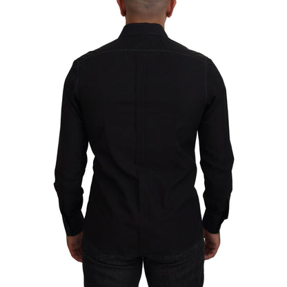 Dolce & Gabbana Black Cotton Collared Long Sleeve GOLD Shirt