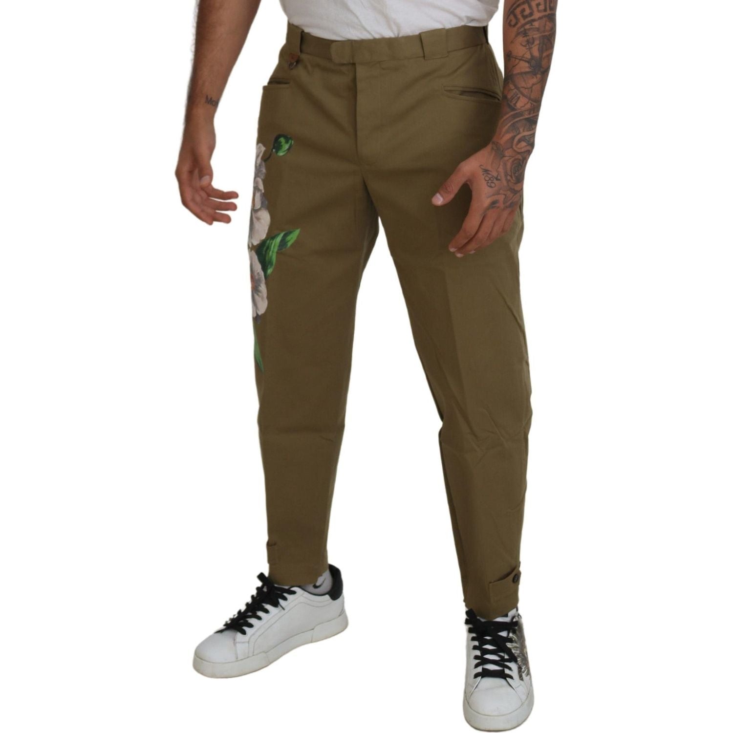Dolce & Gabbana Beige Cotton Stretch Floral Chinos Pants