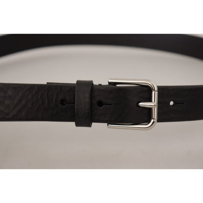 Dolce & Gabbana Black Calf Leather Silver Tone Logo Metal Buckle Belt
