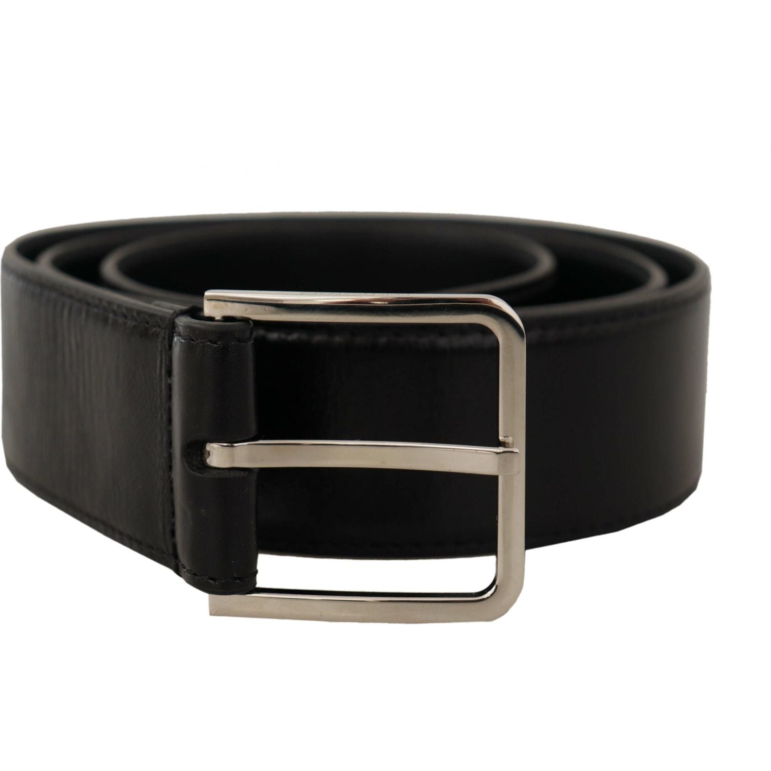 Dolce & Gabbana Black Calf Leather Logo Engraved Metal Buckle Belt
