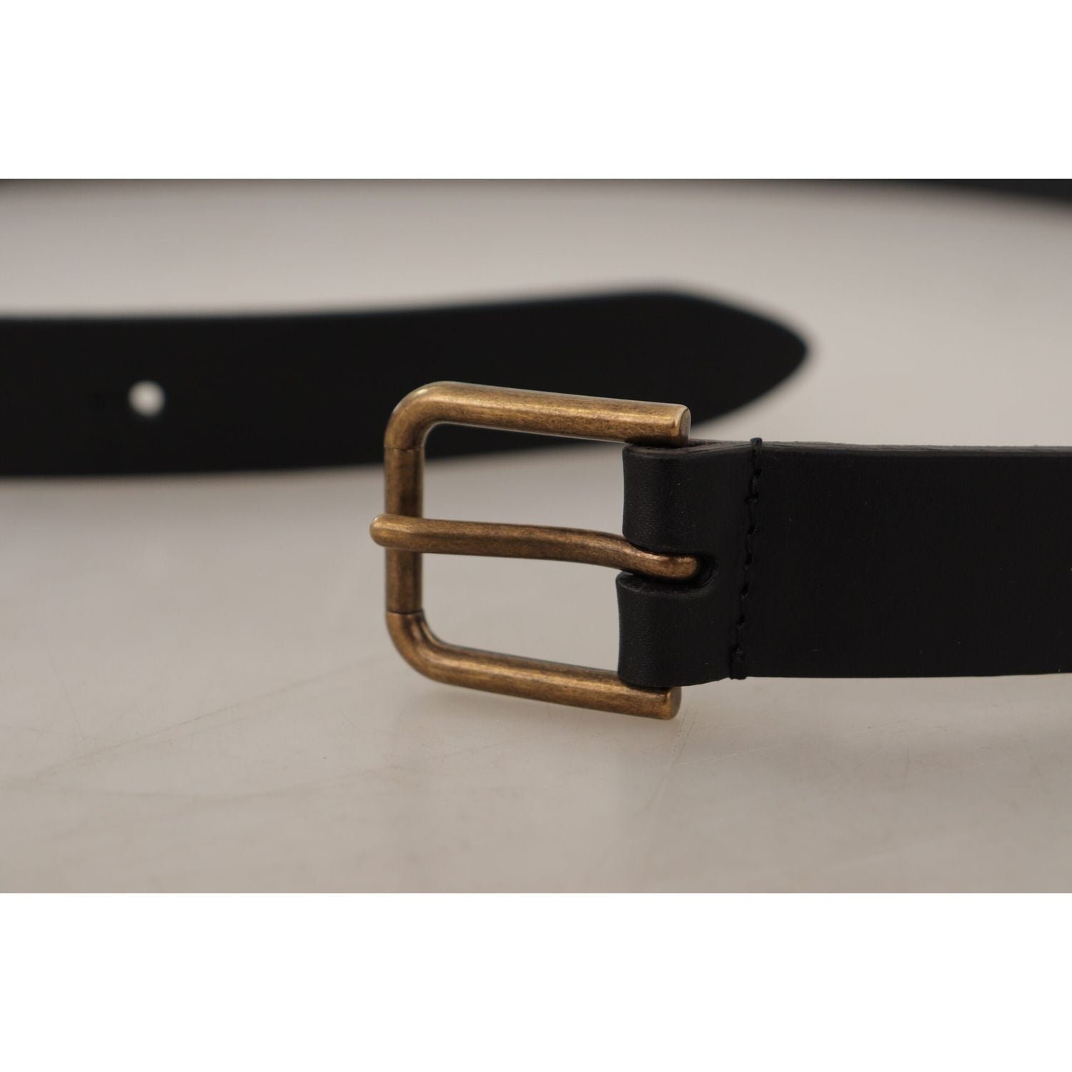 Dolce & Gabbana Black Calf Leather Brass Logo Engraved Buckle Belt