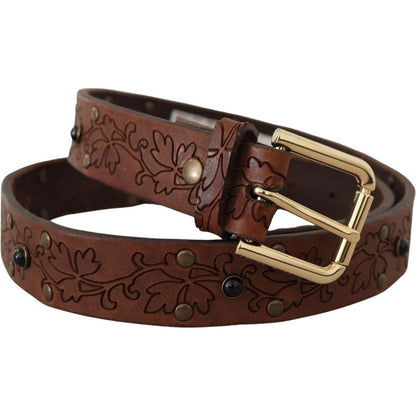 Dolce & Gabbana Brown Leather Floral Studded Metal Buckle Belt