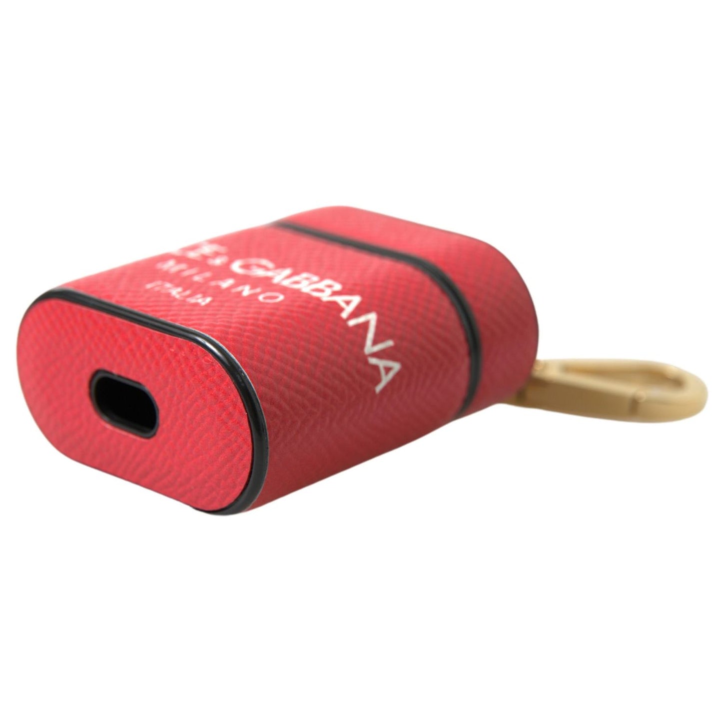 Dolce & Gabbana Red Leather Gold Tone Metal Logo Print Airpods Case