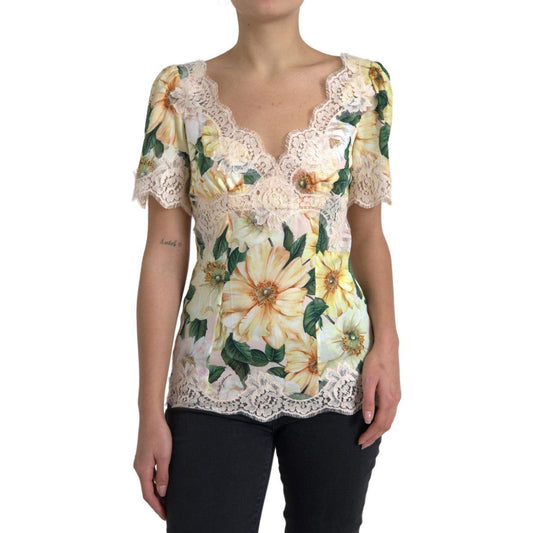 Dolce & Gabbana Multicolor Floral Lace V Neck Blouse TSH84507-38