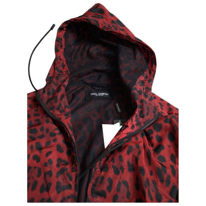Dolce & Gabbana Red Leopard Hooded Bomber Full Zip Jacket