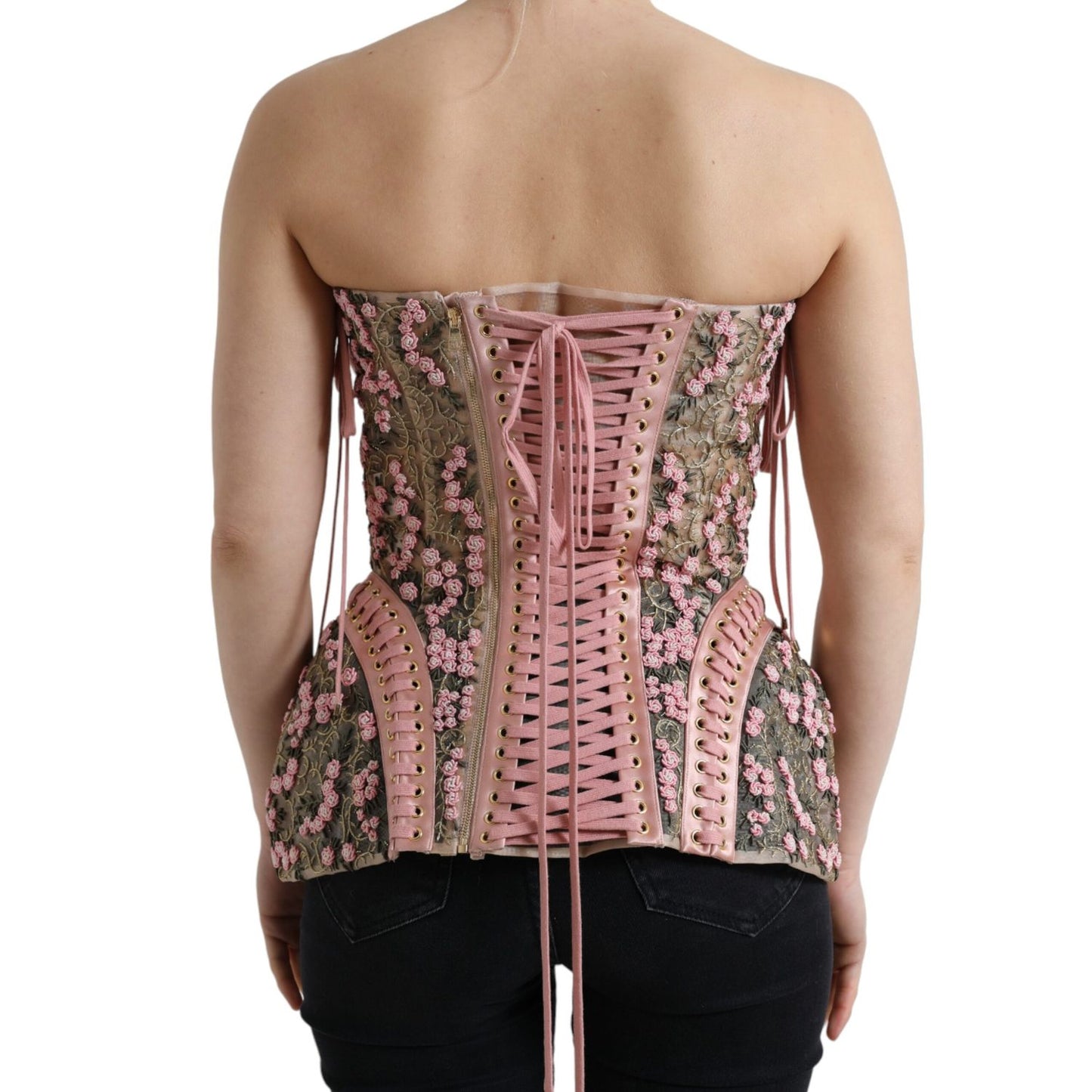 Dolce & Gabbana Pink Floral Applique Bustier Corset Top
