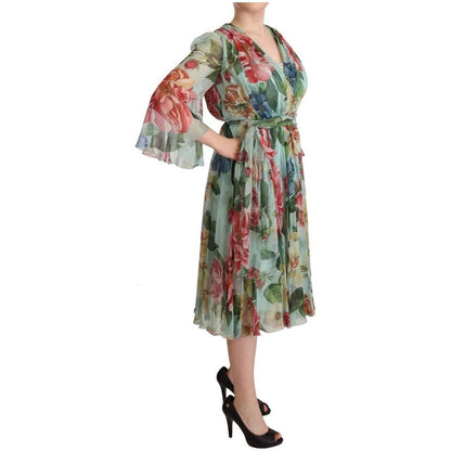 Dolce & Gabbana Multicolor Green Floral Silk Wrap Midi Dress