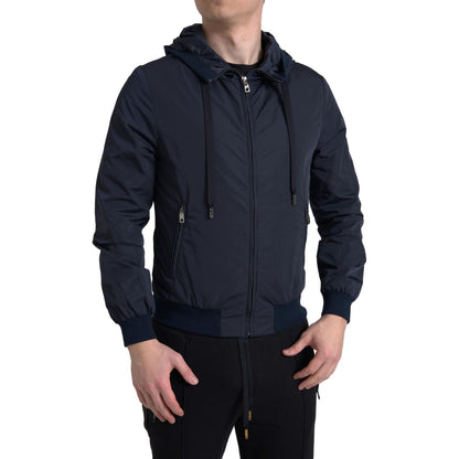 Dolce & Gabbana Blue Hooded Logo Polyester Full Zip Sweater