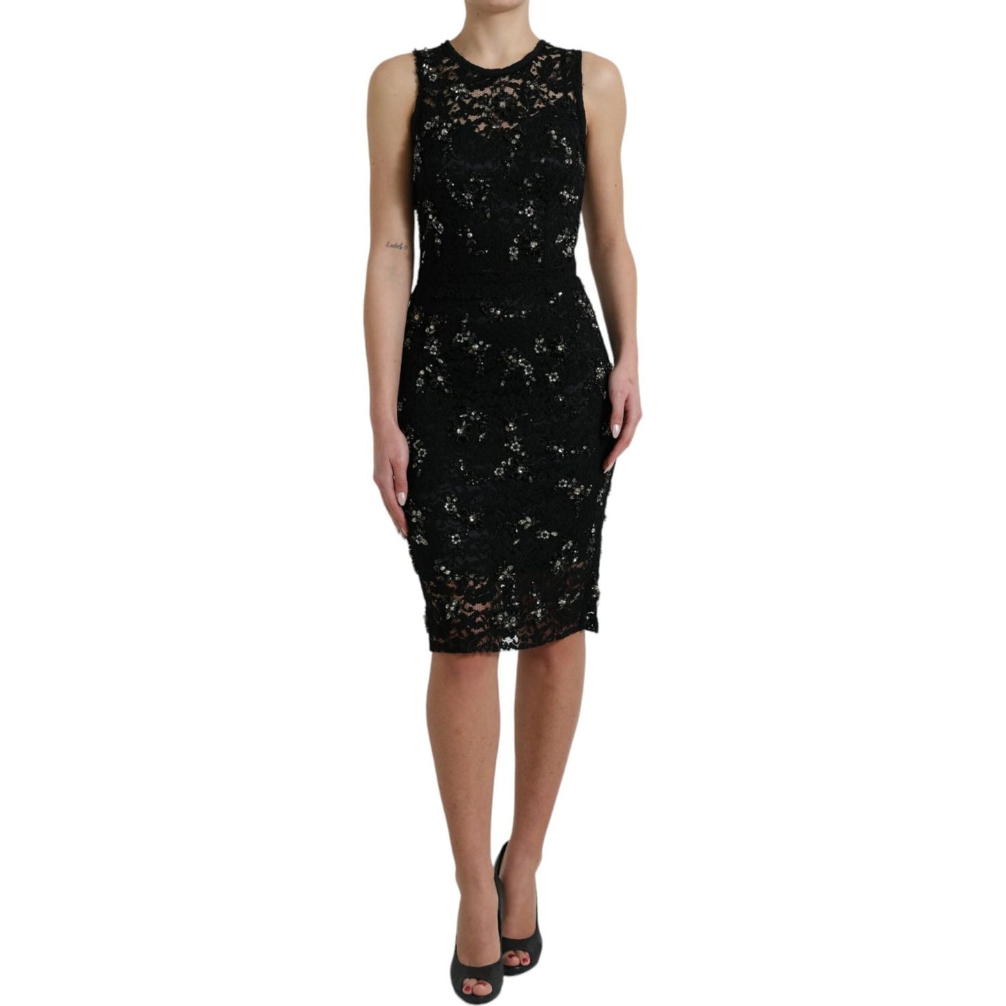 Dolce & Gabbana Black Floral Lace Crystal Sheath Dress