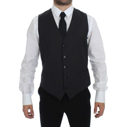 Dolce & Gabbana Gray Striped Wool Single Breasted Vest