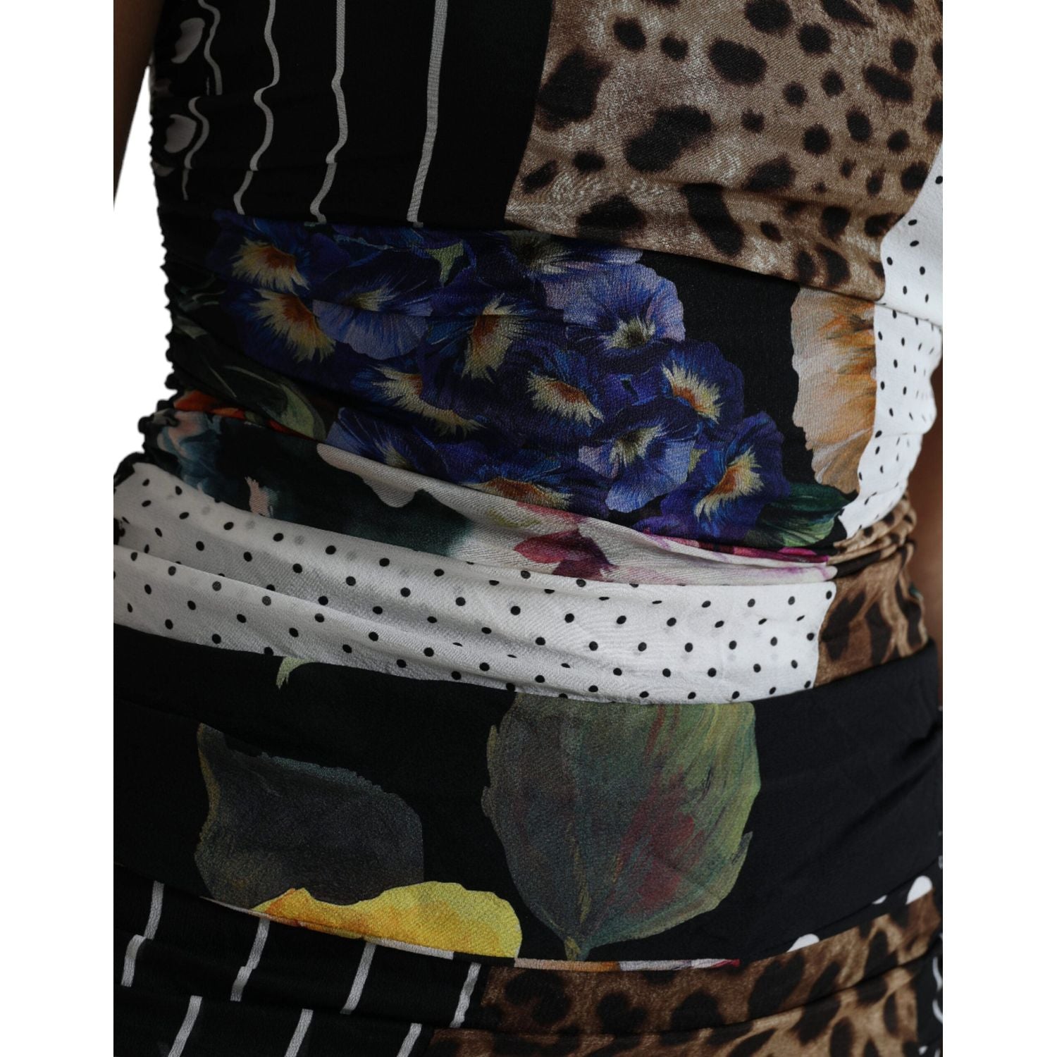 优雅拼布真丝中长连衣裙