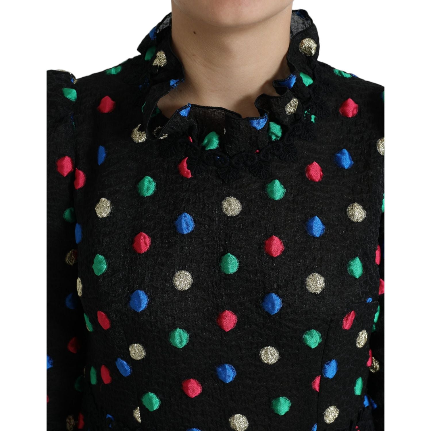 优雅高领波尔卡圆点中长连衣裙