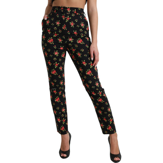 Dolce & Gabbana Black Floral Wool High Waist Tapered Pants