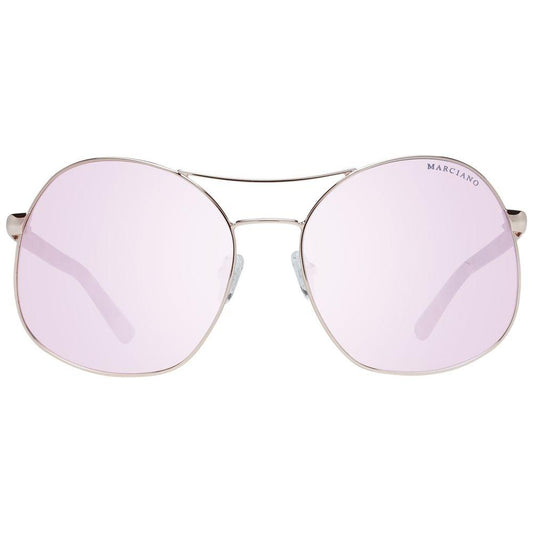 Marciano by Guess rose gold women's sunglasses with oval mirrored lenses, metal frame, and branded case included.