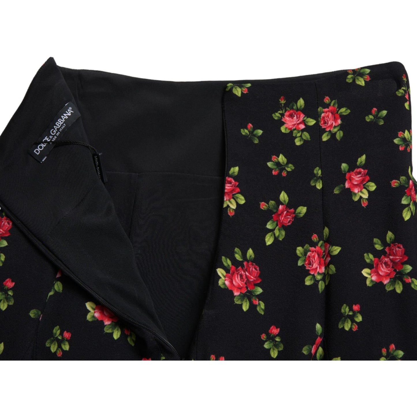 Dolce & Gabbana Black Rose Print High Waist A-line Mini Skirt