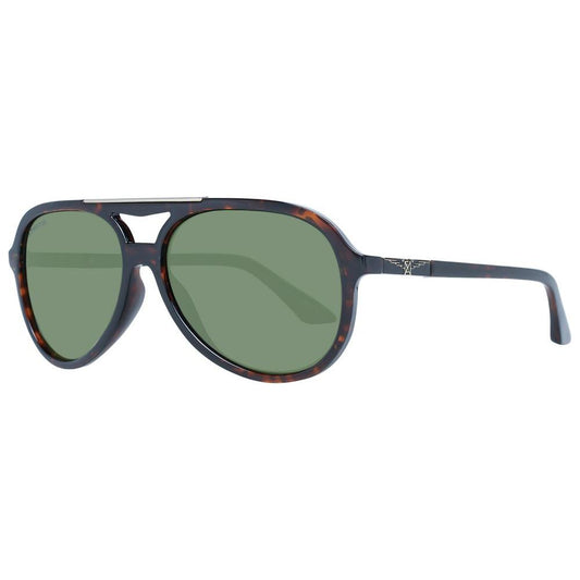Longines brown men's aviator sunglasses with green lenses, full-rim plastic frame, 100% UVA & UVB protection, includes branded case.
