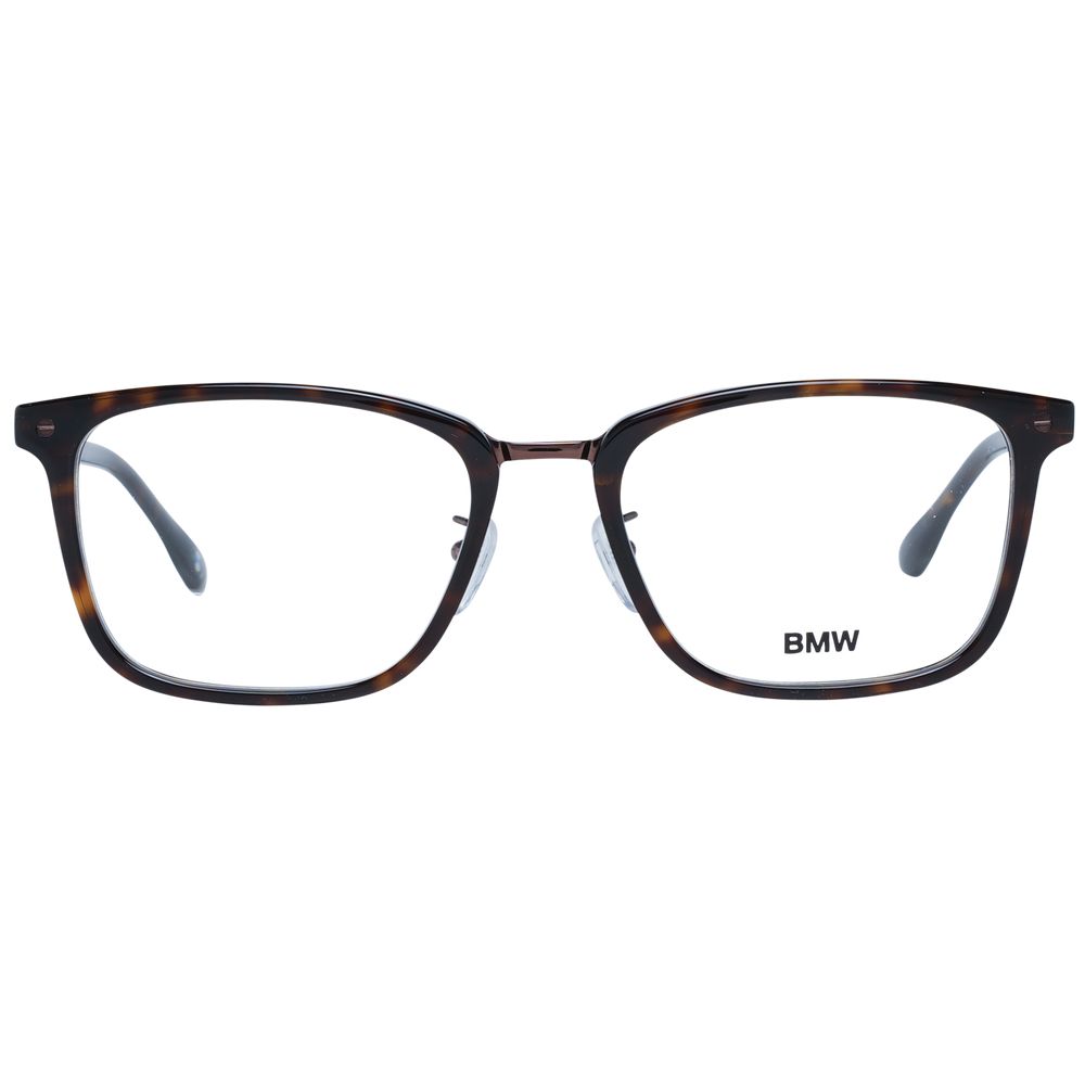 BMW Brown Men Glasses Frame, full-rim rectangle style, brown plastic with demo lenses, size 55-19-145, includes branded case