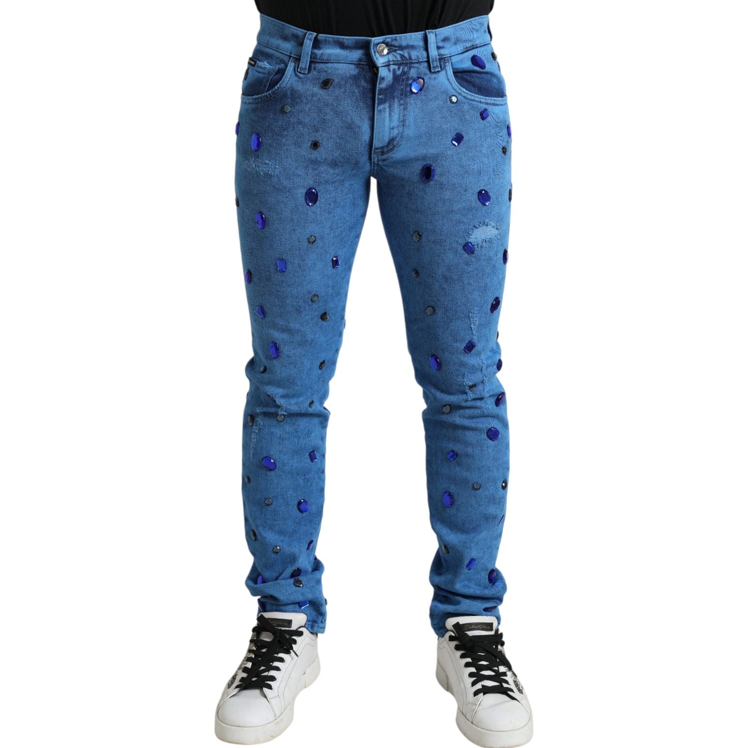 بنطلون جينز ضيق مزين بالكريستال من دولتشي آند غابانا